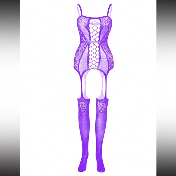 Purple Mesh Jacquard Netting Cross Front Fishnet Full Body Bodysuit Lingerie - Picture 3 of 8